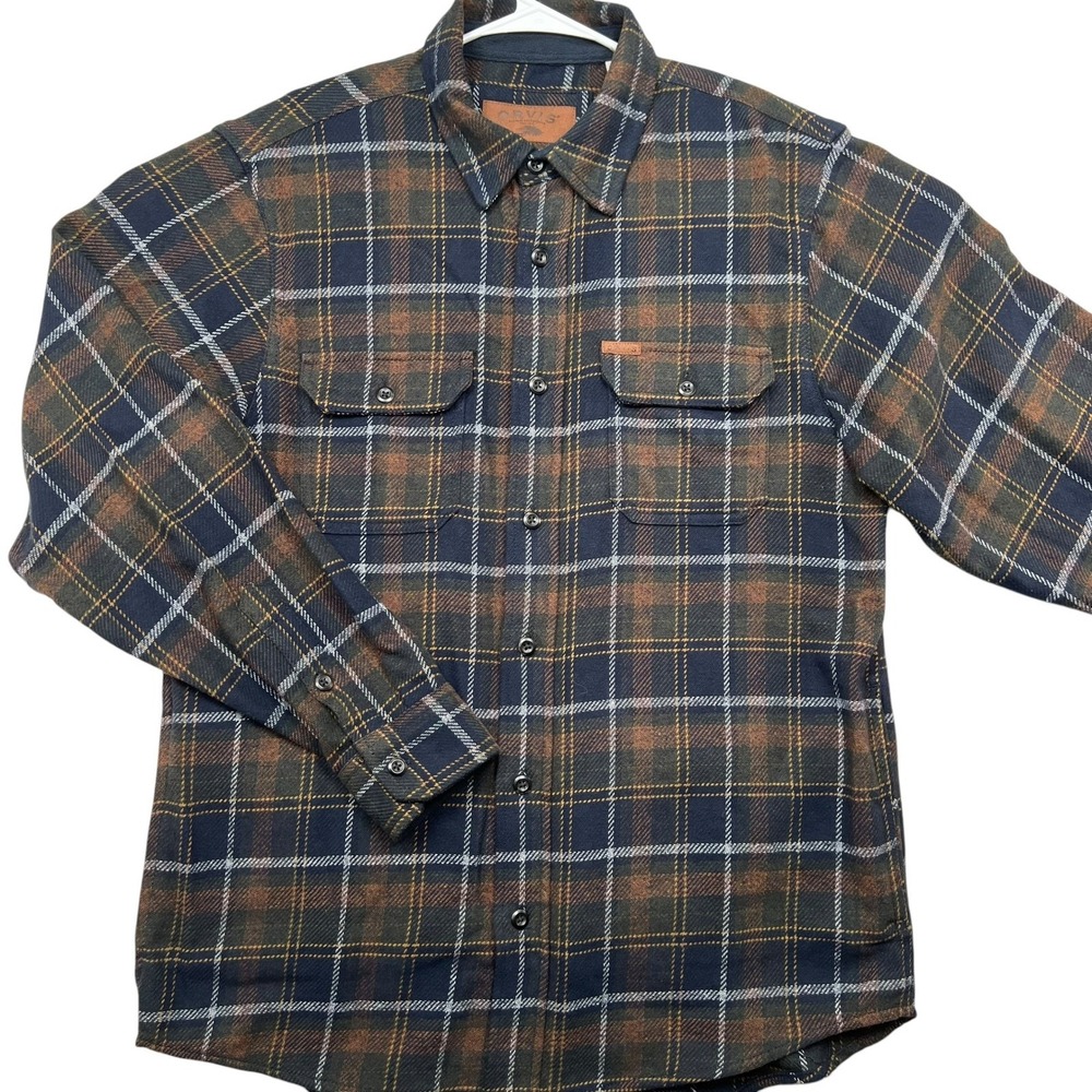 Orvis Flannel Shirt Mens Medium Brown Plaid Heavyweight Cotton Side Pockets